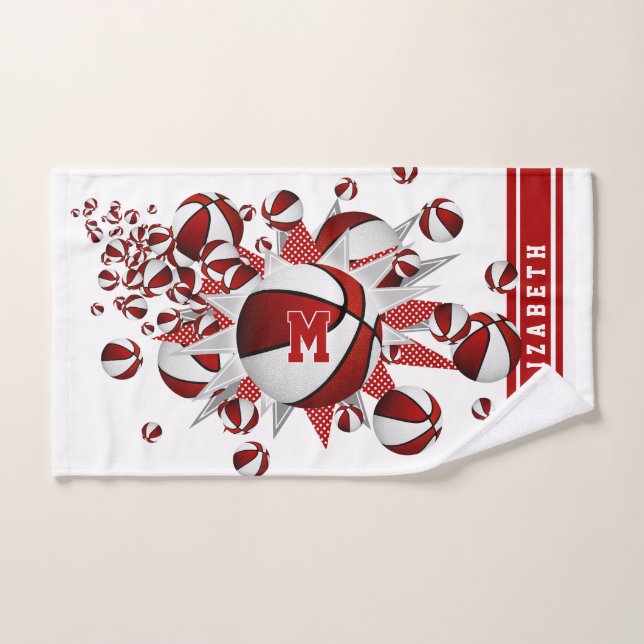 red white basketballs stars girls monogrammed hand towel (Hand Towel)