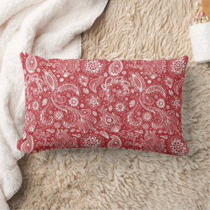 Red white batik boho style floral paisley pattern lumbar cushion