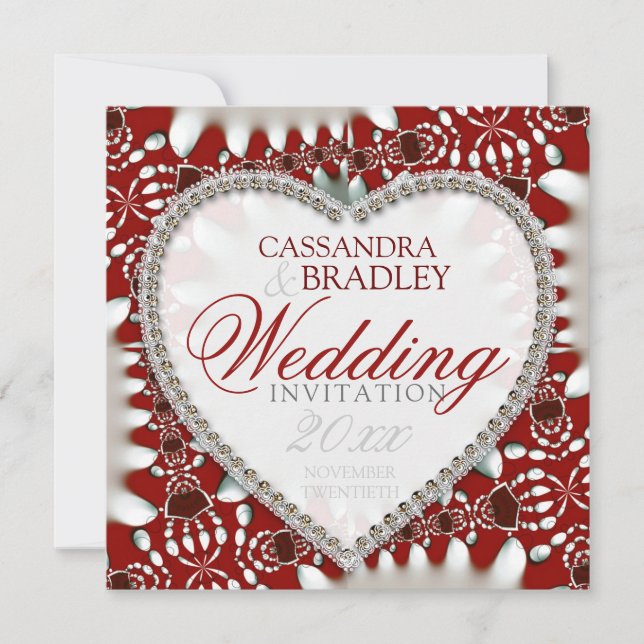 Red White Batik Satin Heart Wedding Invitations (Front)