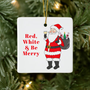 Red White & Be Merry Santa Wine Custom Ceramic Ornament