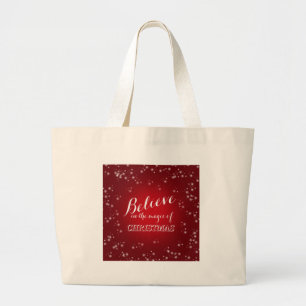 Red White Believe in magic of Christmas Typography Large Tote Bag