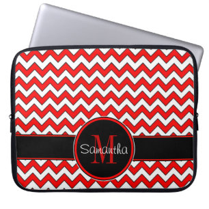 Red White & Black Chevron Pattern Custom Monogram Laptop Sleeve