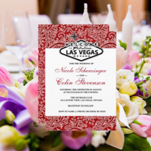 Red White Black Damask Elegant Las Vegas Wedding Invitation