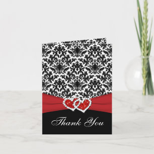 Red White Black Damask, Hearts Thank You Card