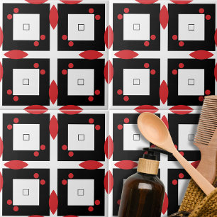 Red White Black Dots and Squares Geometric Pattern Tile