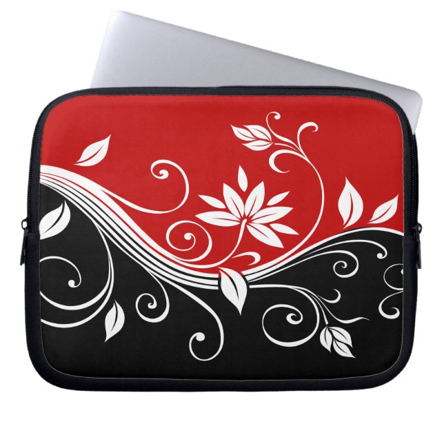 Red  White & Black Floral Laptop Sleeve (Front)