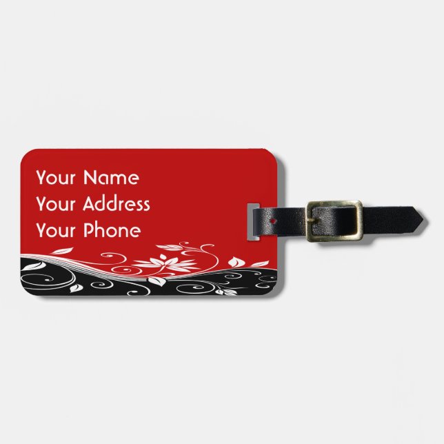 Red  White & Black Floral Luggage Tag (Front Horizontal)