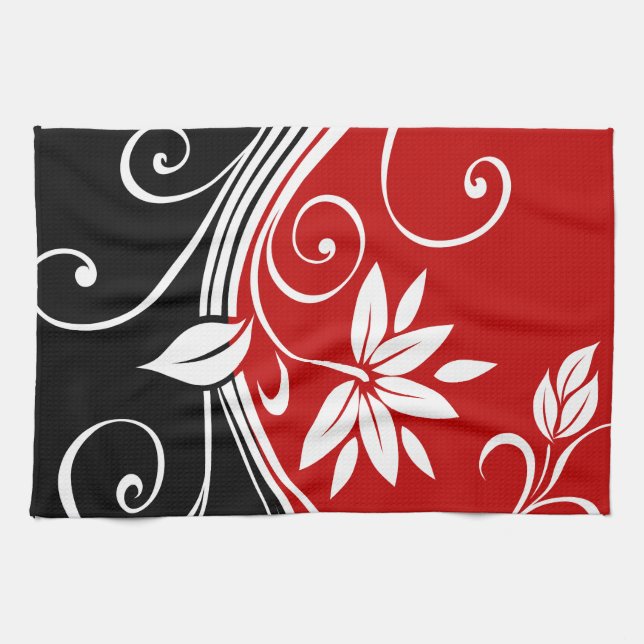 Red  White & Black Floral Tea Towel (Horizontal)