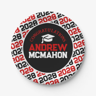 Red, White & Black Graduation Personalised Paper Plate