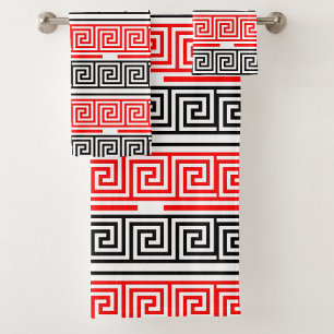 Red White Black Greek Key Fret Pattern Design  Bath Towel Set