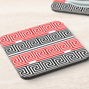 Red White Black Greek Key Fret Pattern Design  Coaster
