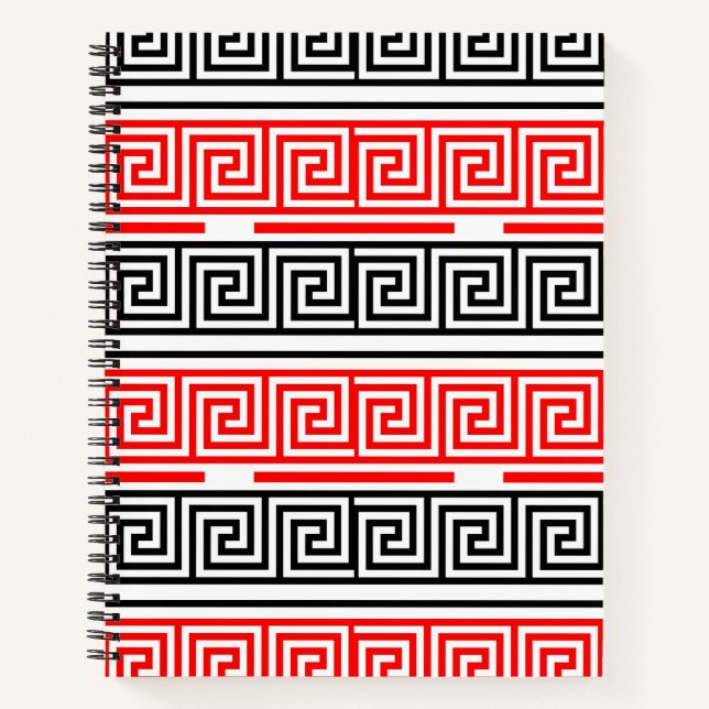 Red White Black Greek Key Fret Pattern Design  Notebook (Front)