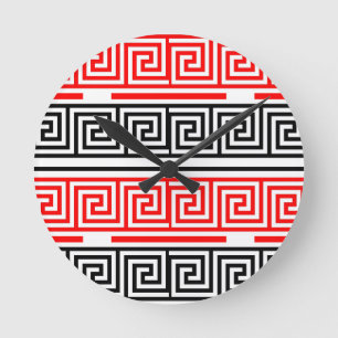 Red White Black Greek Key Fret Pattern Design Round Clock
