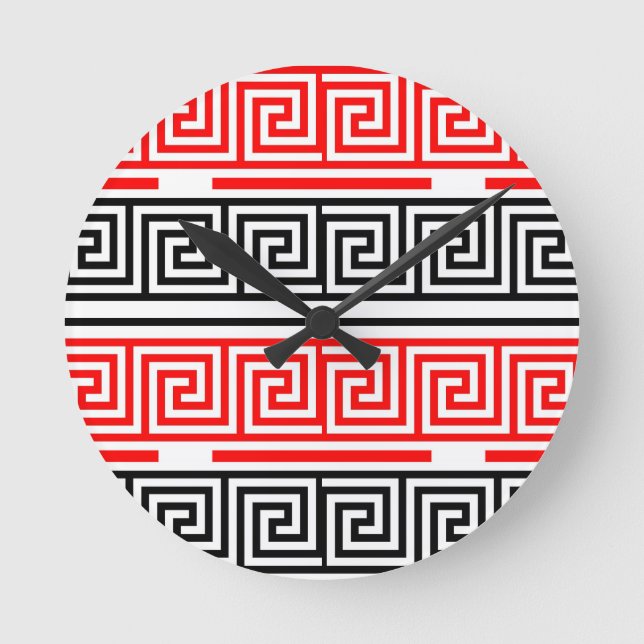 Red White Black Greek Key Fret Pattern Design  Round Clock (Front)