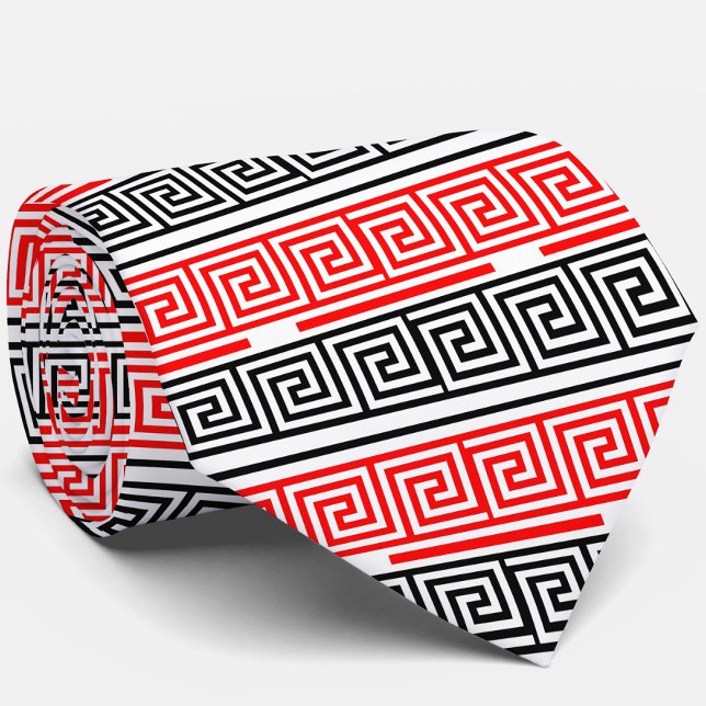 Red White Black Greek Key Fret Pattern Design  Tie (Creator Uploaded)