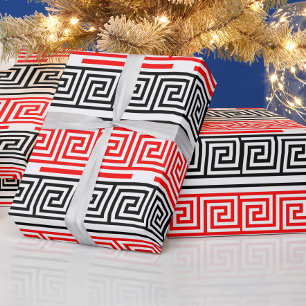 Red White Black Greek Key Fret Pattern Design  Wrapping Paper