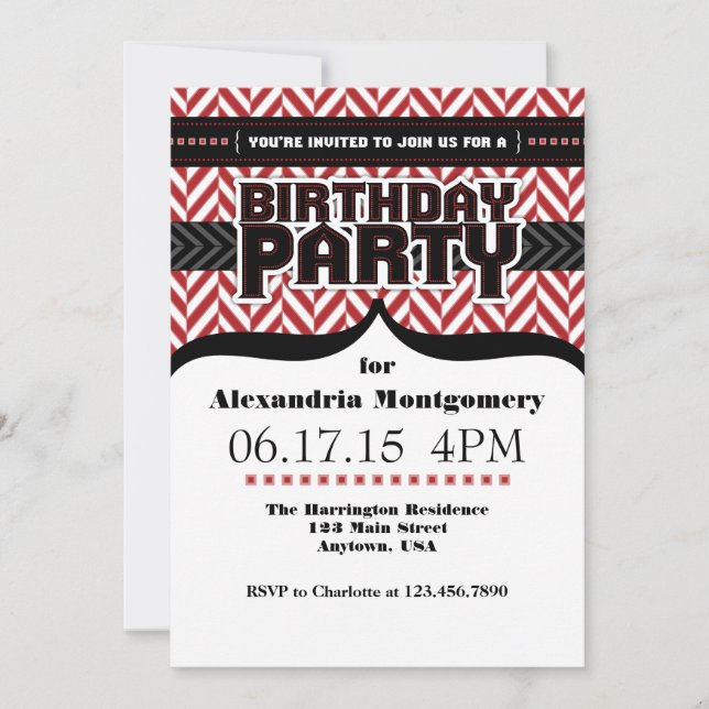 Red White Black Herringbone Birthday Invite (Front)