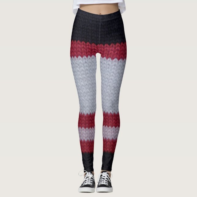 Red White Black: Knitted Woollen Fabric Pattern Leggings (Front)