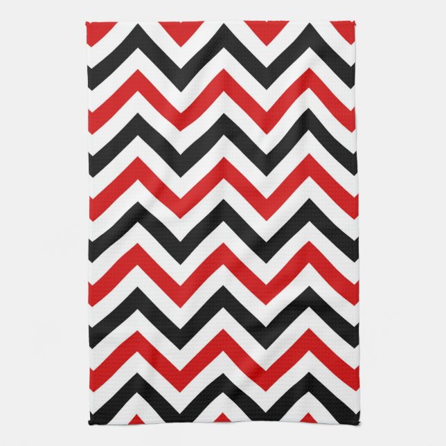 Red, White, Black Large Chevron ZigZag Pattern Tea Towel (Vertical)