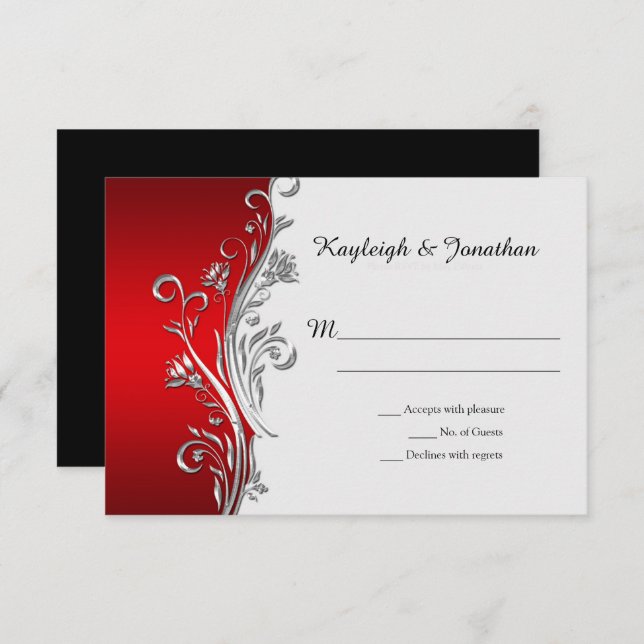 Red White Black Silver Ornate Swirls RSVP Announcement (Front/Back)
