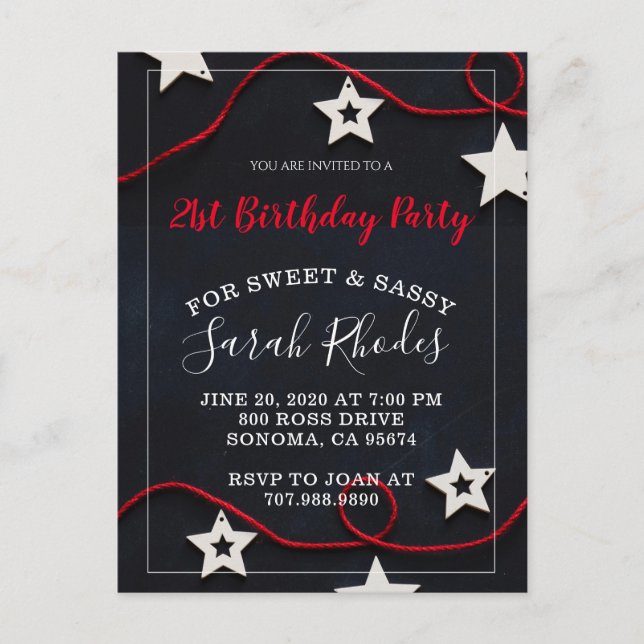 Red White & Black Sweet And Sassy Stars Birthday Invitation Postcard (Front)