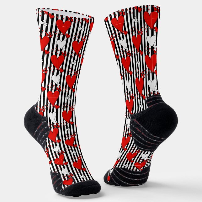 Red White Black Valentine Hearts Socks (Angled)