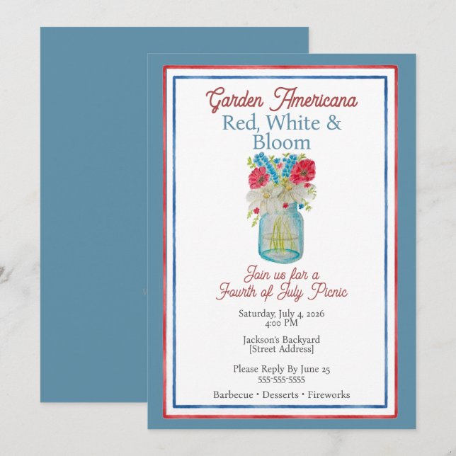 Red, White & Bloom Fourth of July Invitation (Front/Back)