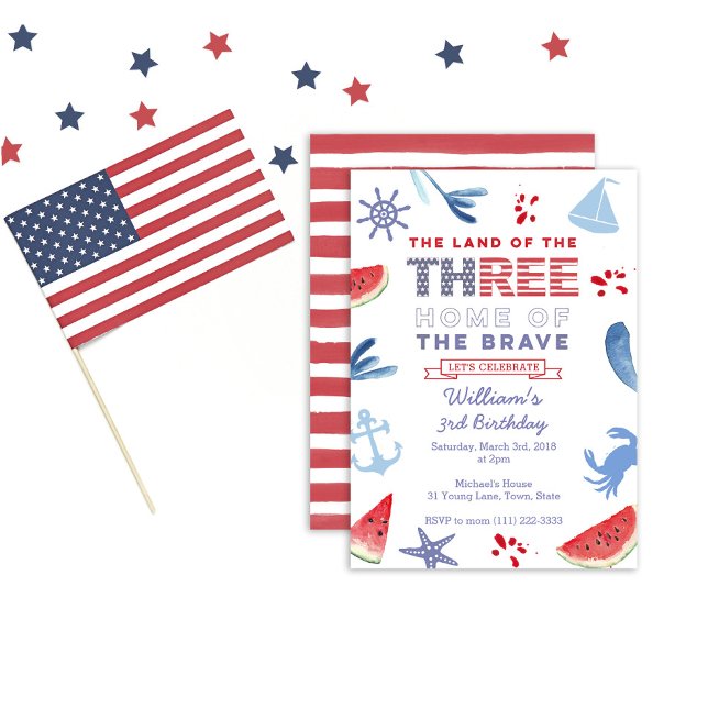 Red White Blue 3rd Birthday Shoreline Party Invitation (Creator Uploaded)