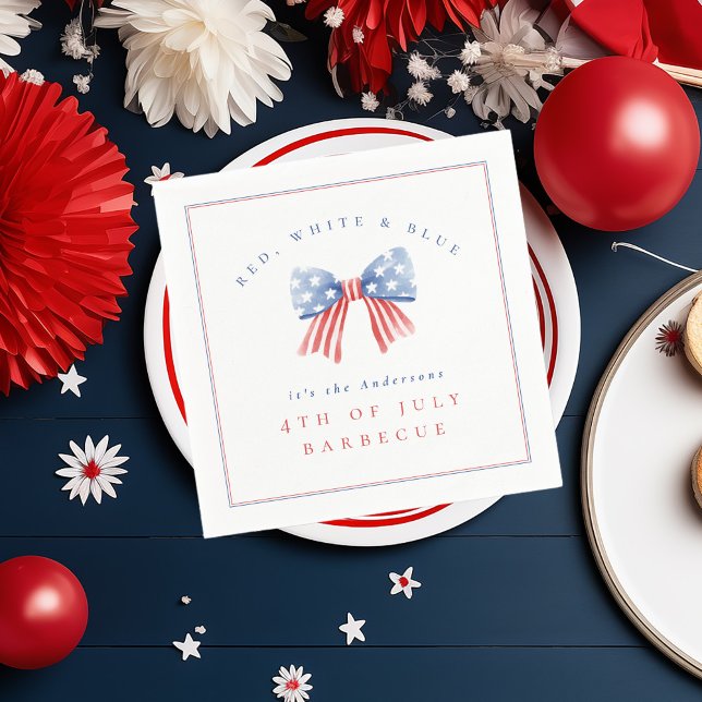 Red White Blue 4th of July BBQ Classic Preppy Bow Napkin (4th of july napkin with preppy american flag bow illustration and minimalist design)