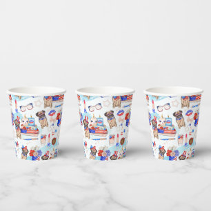 RED WHITE BLUE 4TH OF JULY ITEMS WITH PUG DOG PAPER CUPS