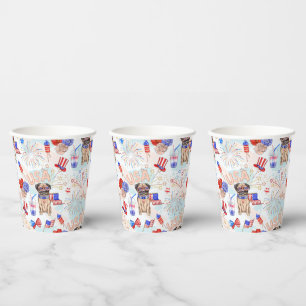 RED WHITE BLUE 4TH OF JULY ITEMS WITH PUG DOG PAPER CUPS