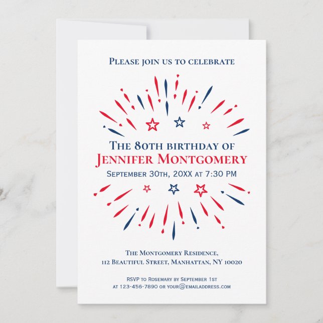 Red White Blue 80th Birthday Party Fireworks Invitation (Front)