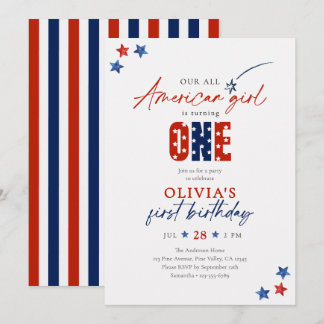 Red White & Blue All American Girl 1st Birthday Invitation