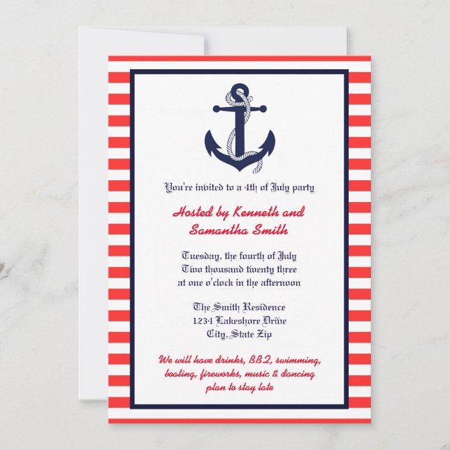 Red White & Blue Anchor - Party Invitation (Front)
