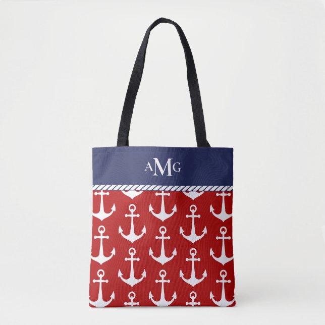 Red White Blue Anchor Pattern Monogram Nautical Tote Bag (Front)