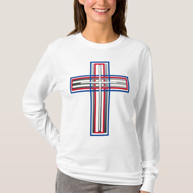 Red, White, Blue and Siver Layered Cross  T-Shirt (Front)