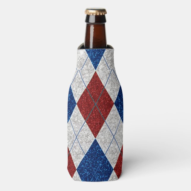 Red, White, Blue Argyle July 4 Glitter Bottle Cooler (Bottle Front)