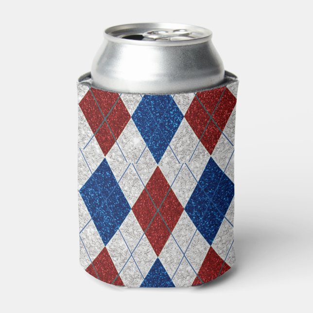 Red, White, Blue Argyle July 4 Glitter Can Cooler (Can Front)