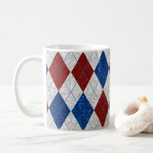 Red, White, Blue Argyle July 4 Glitter Coffee Mug