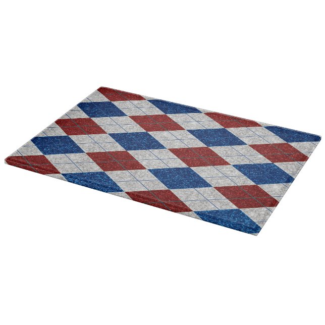 Red, White, Blue Argyle July 4 Glitter Cutting Board (Corner)