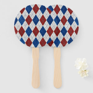 Red, White, Blue Argyle July 4 Glitter Hand Fan