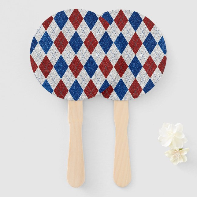 Red, White, Blue Argyle July 4 Glitter Hand Fan (Front and Back)