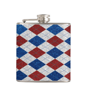 Red, White, Blue Argyle July 4 Glitter Hip Flask