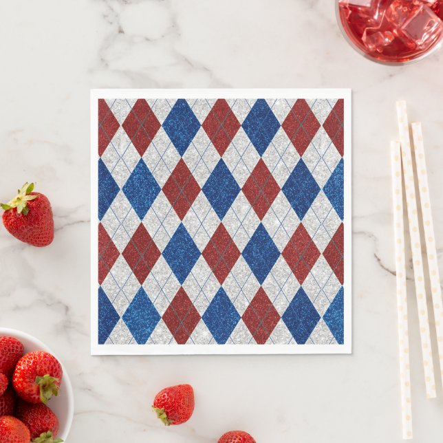 Red, White, Blue Argyle July 4 Glitter Napkin (Insitu)