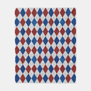 Red, White, Blue Argyle July 4 Glitter Picnic Fleece Blanket