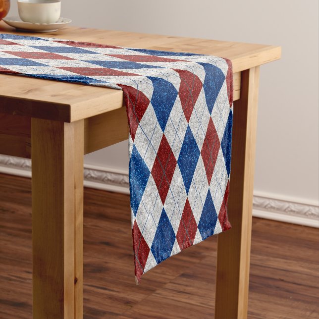 Red, White, Blue Argyle July 4 Glitter Short Table Runner (In Situ)