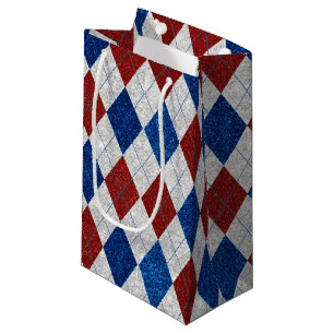 Red, White, Blue Argyle July 4 Glitter Small Gift Bag