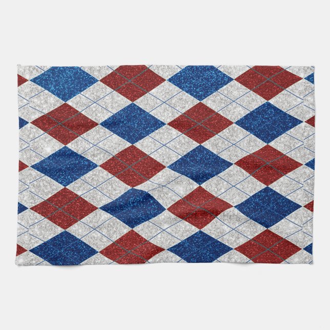 Red, White, Blue Argyle July 4 Glitter Tea Towel (Horizontal)