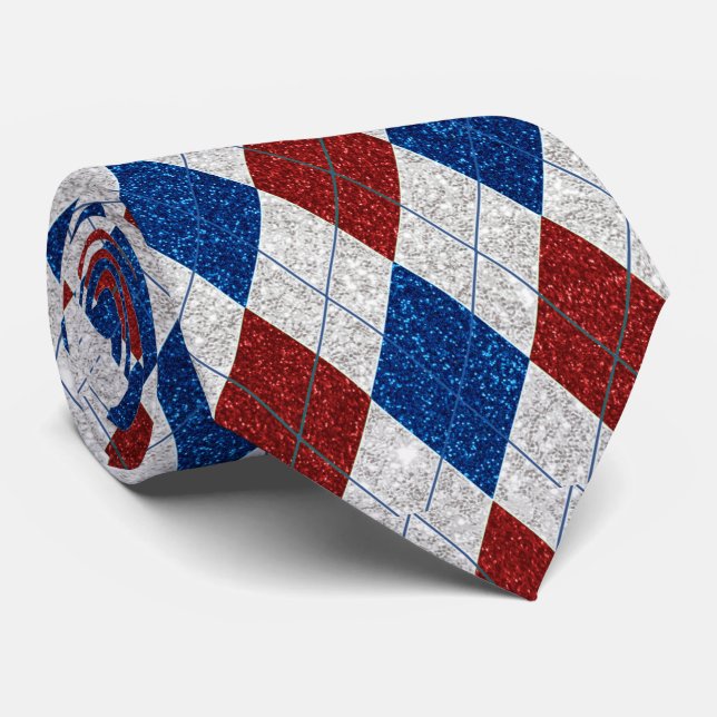 Red, White, Blue Argyle July 4 Glitter Tie (Rolled)