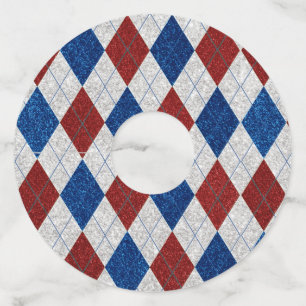 Red, White, Blue Argyle July 4 Glitter Wine Glass Tag